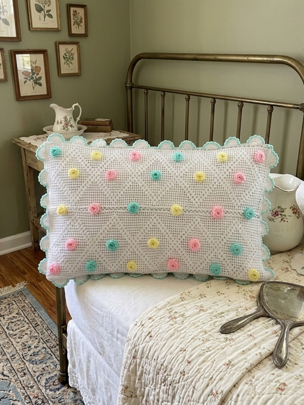 Vintage Hand-Crocheted Wool Blend Pillow Sham | Pastel Rosette Floral